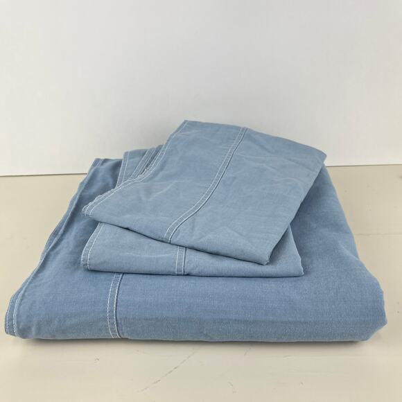 Lauren Ralph Lauren Queen Flat Sheet with 2 Pillow Cases Workshirt Chambray - Picture 1 of 5
